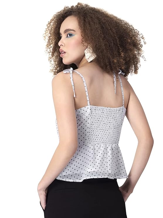White Polka Strappy Tie Up Smocked Top