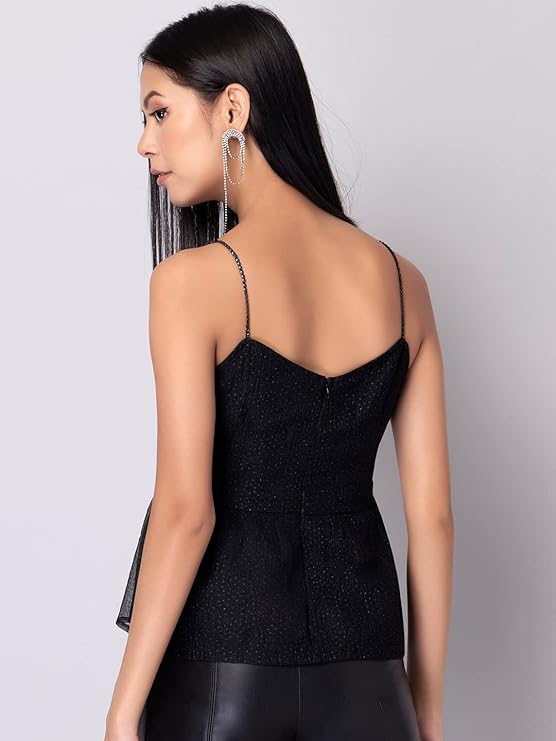Black Embellished Strappy Peplum Top