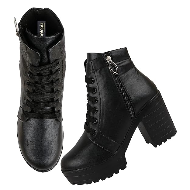 Women Zipper & Lace Up Block Heeled Boots