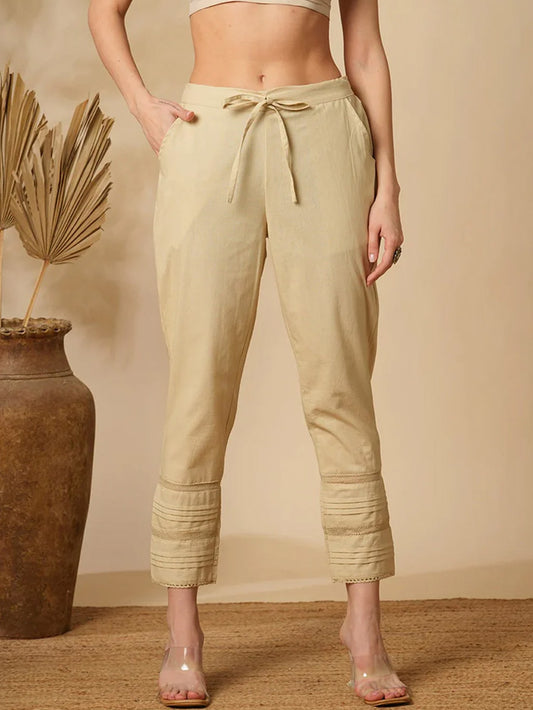 Beige Cotton Linen Straight Pants