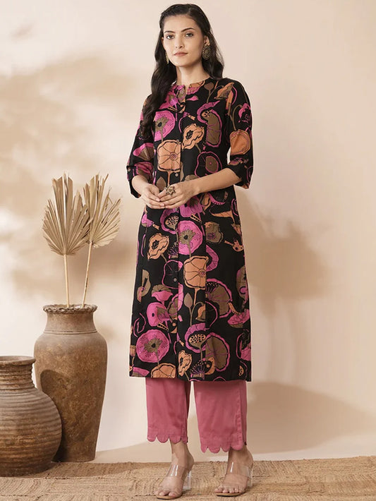 Black Floral Print Ethnic Costume