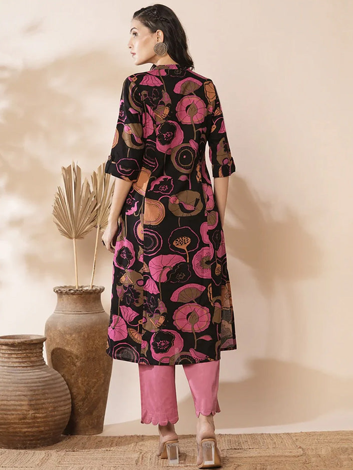 Black Floral Print Ethnic Costume
