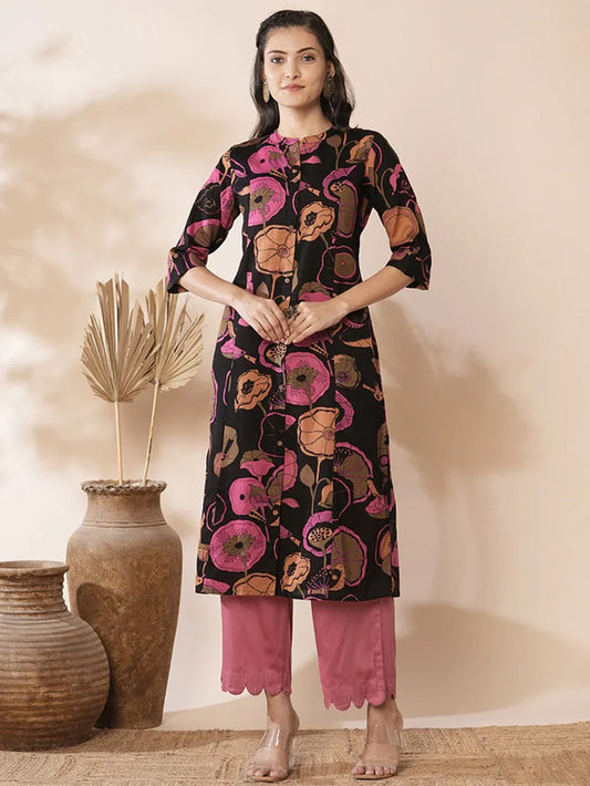 Black Floral Print Ethnic Costume