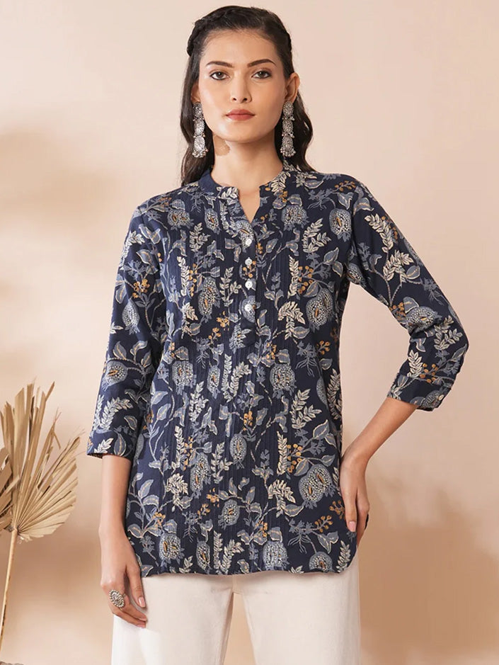 Blue Shirt with Floral Leaf Print