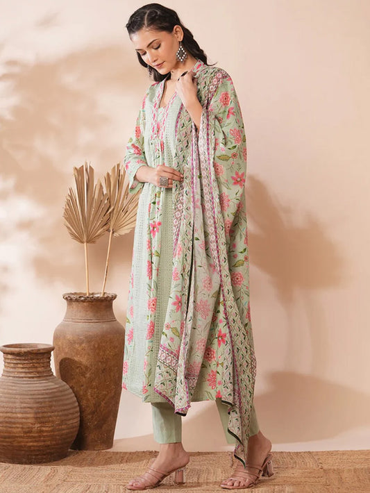 Green Floral Print Ethnic Costume