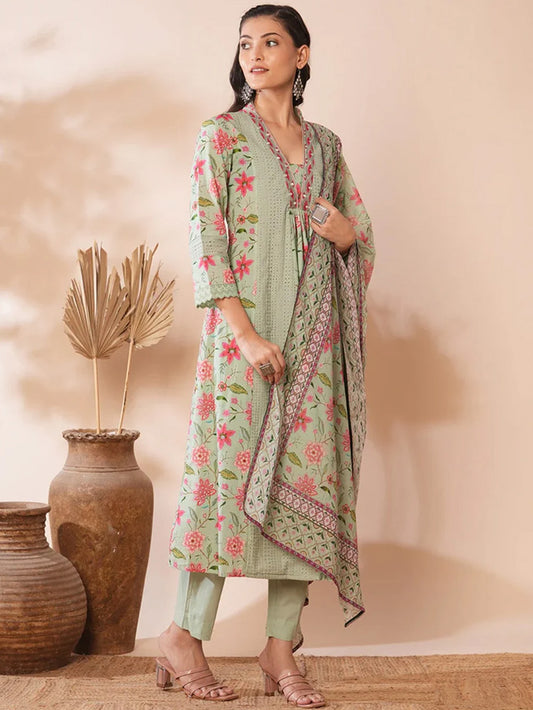 Green Floral Print Ethnic Costume