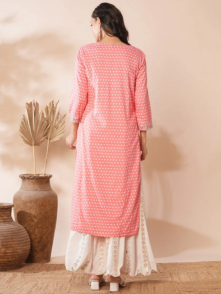 Peach Motif Ethnic Floral Dress