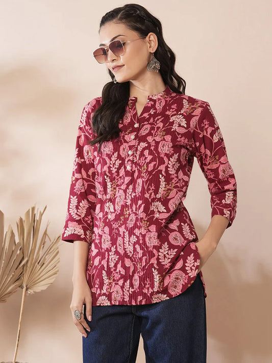 Red Shirt with Floral Leaf Print