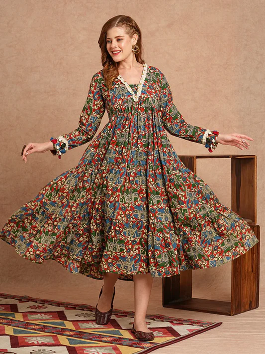 Ethnic Animal Print Flared Midi Dress