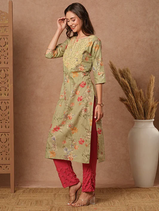 Green Floral Sequins Kurta