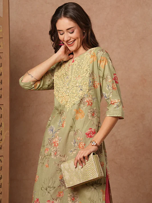 Green Floral Sequins Kurta