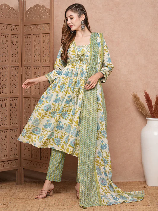 Floral Mirror Embroidered Kurta Set