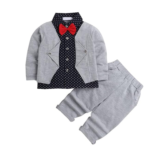 Hopscotch Boys Polly Cotton Polka Dot Print Shirt Pants Set with Bow