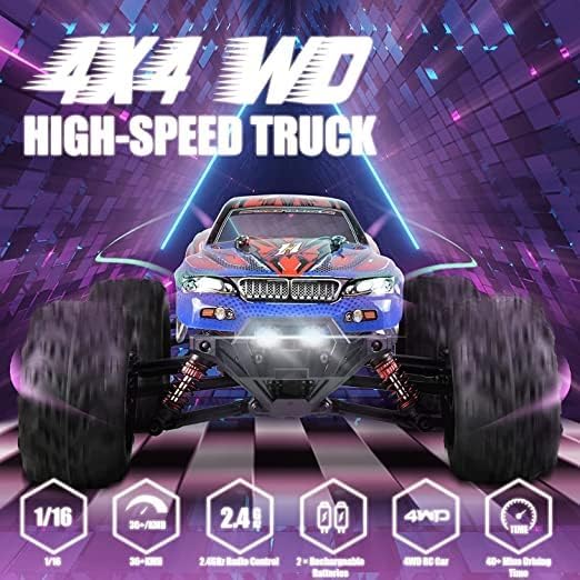 KIPIT Hobby Grade 1:16 Scale Remote Control Truck, 4WD Top Speed 40+ Kmh All Terrains Electric Toy Off Road RC Truck Vehicle Car Crawler with 1 Rechargeable Batterie for Boys Kids and Adults, Multi