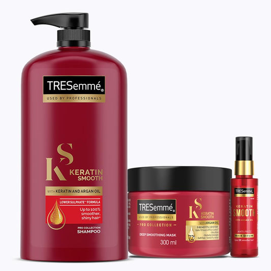 TRESemme Keratin Smooth Shampoo 1L + Mask 300ml + Serum 50ml Combo, With Keratin & Argan Oil for Straight, Shiny Hair - Nourishes Dry Hair & Controls Frizz