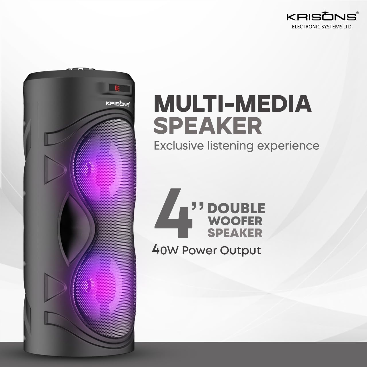 KRISONS Cylender 4" Double Woofer 40W Multi-Media Bluetooth Party Speaker with Wired Mic for Karaoke,2400 MAH Battery, Digital Display,RGB Lights, USB, SD Card, FM Radio,Auto TWS Function & Remote