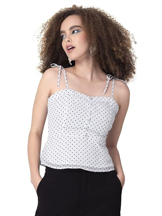 White Polka Strappy Tie Up Smocked Top