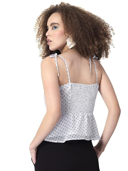 White Polka Strappy Tie Up Smocked Top