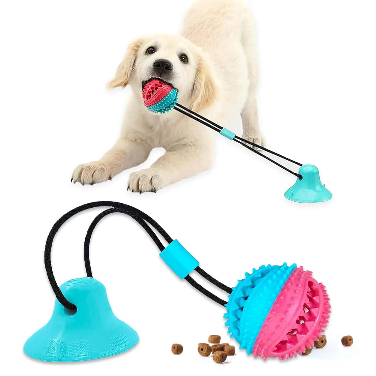 Pet Central Interactive Dog Toys – Suction Cup Dog Chew Toy for Aggressive Chewers – Treat Dispensing Squeaky Dog Toy for Stimulation and Self-Playing – Tug of War Rope with Teeth Cleaning Ball