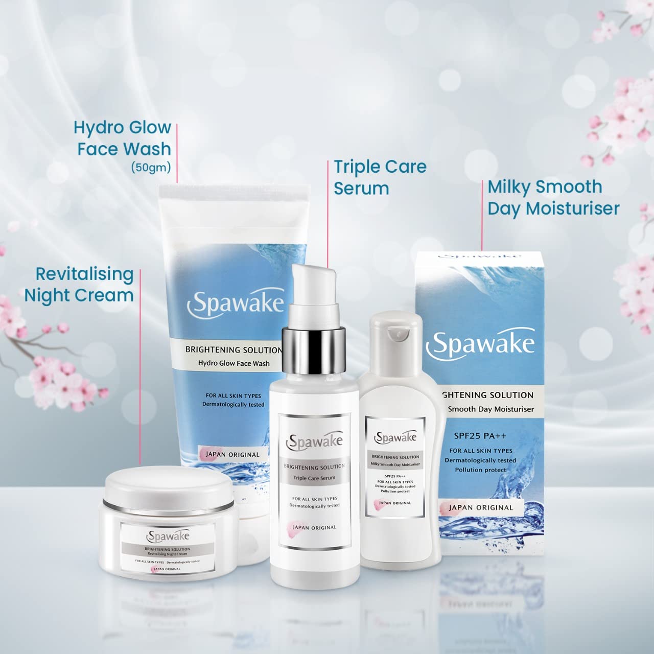 Spawake Skin Care Kit Brightening (Face Wash + Face Serum + Moisturizer + Night Cream) 190g