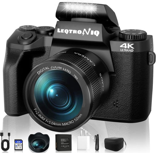 LEQTRONIQ Digital Camera 4K Vlogging Camera 64MP Mirrorless Cameras for Photography with Dual Camera, WiFi, 52mm Fixed Lens, 4.0" Touch Screen, 32GB SD Card & Camera Bag - Black