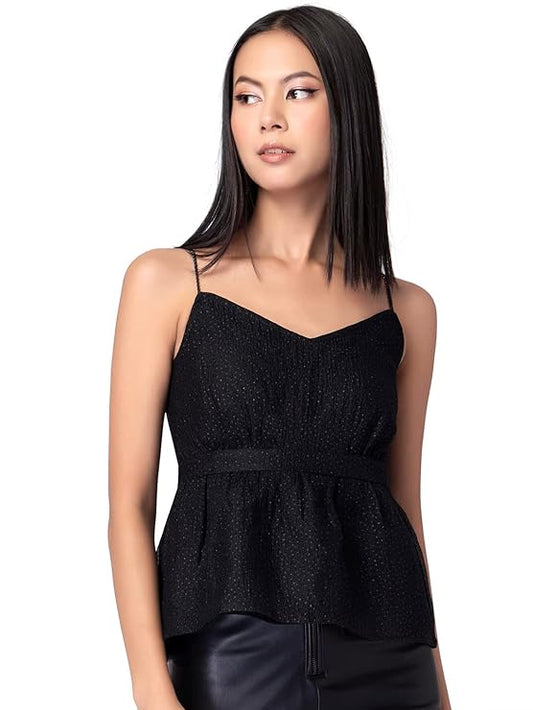 Black Embellished Strappy Peplum Top
