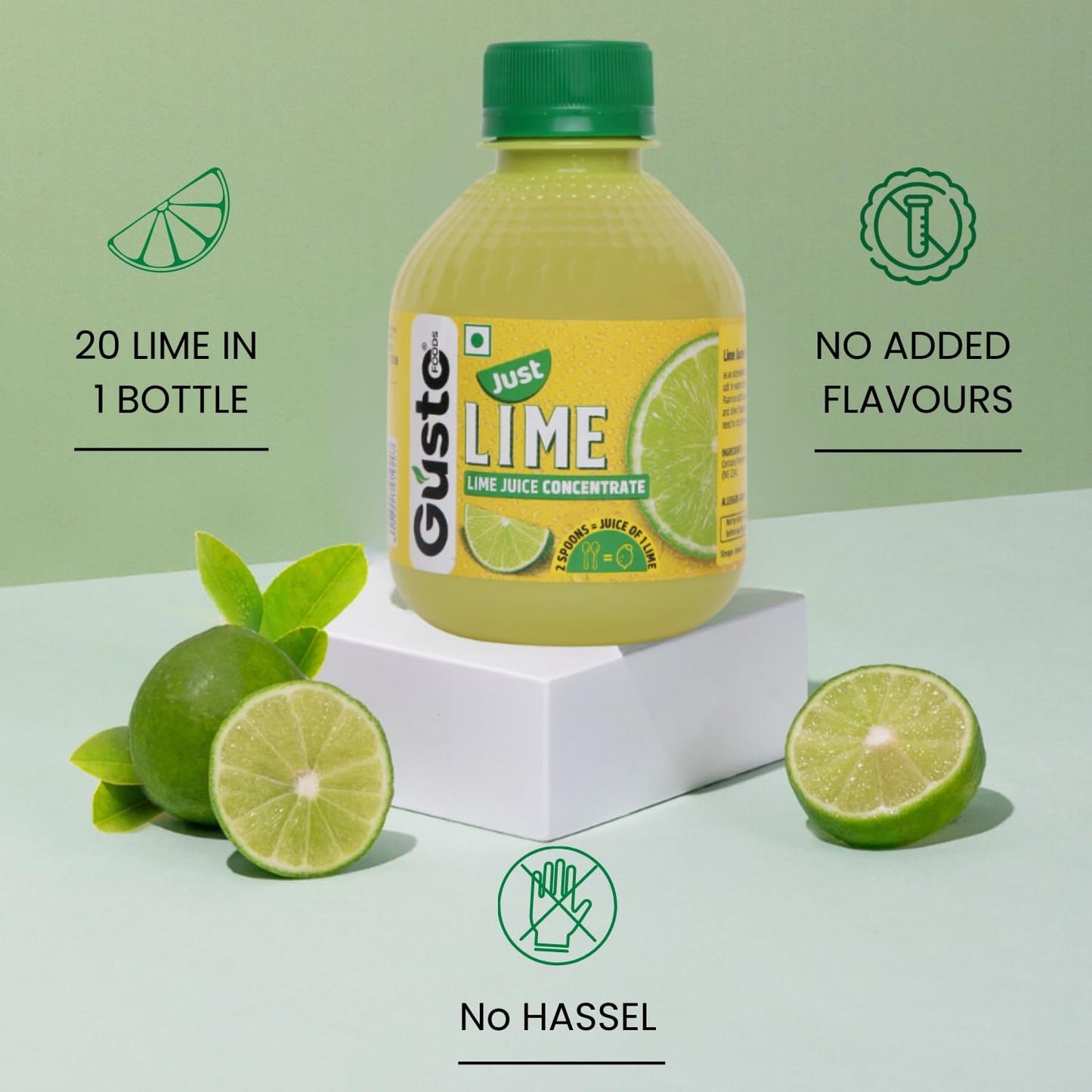 Gusto Foods Green Lime Juice Concentrate - Pack of 3 (600ml) | Equivalent to 60 Natural Limes | Pocket Bottle Hassle Free | Ideal for daily use in Cooking & Beverages | Pure Lemon Zest in Every Drop