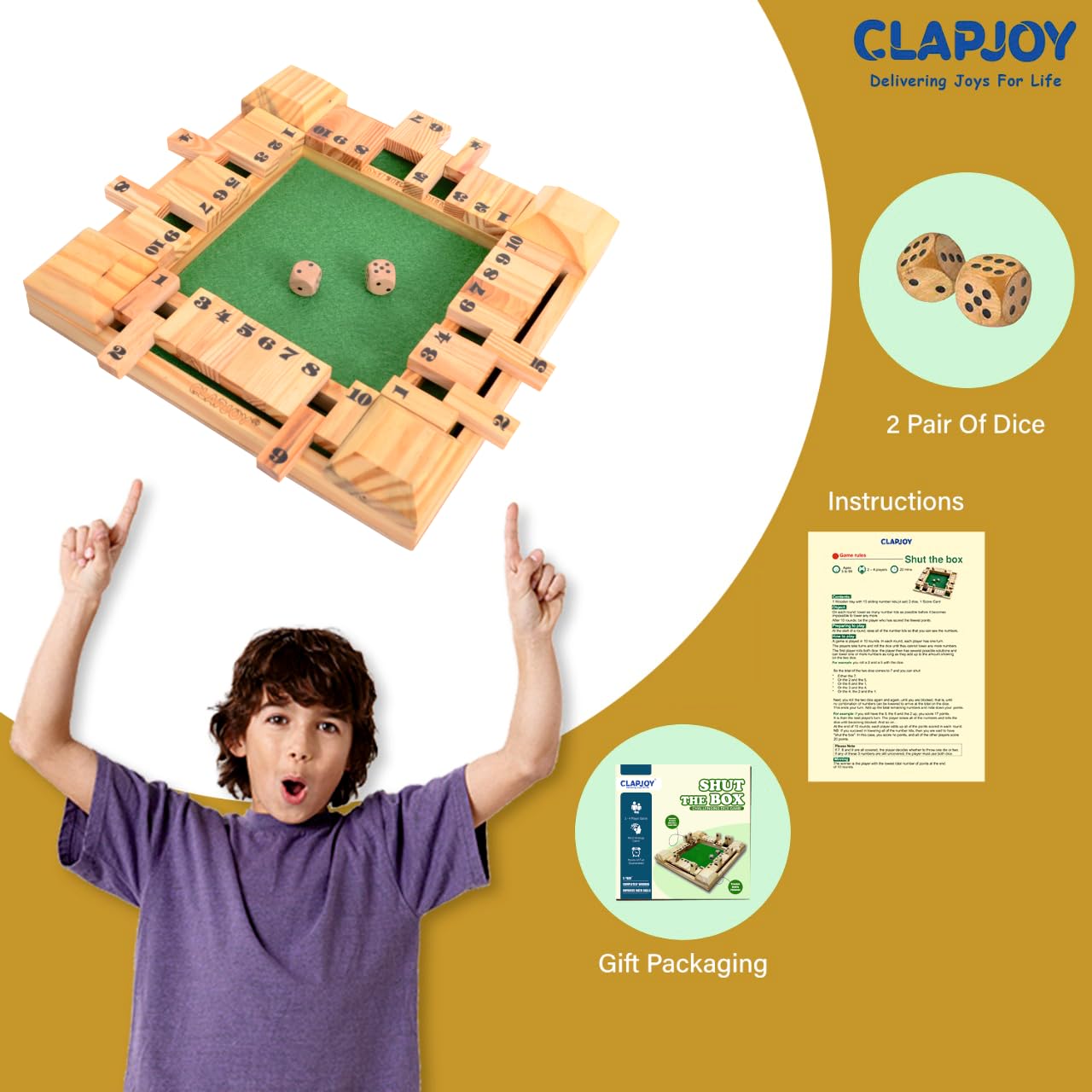 Clapjoy Shut The Box Dice Game for Kids & Adults [4 Sided Large Wooden Board Game, 2 Dice + Repeat Scorecard Usage] Educational Math Learning Toy, Table Top Game for The Party Family