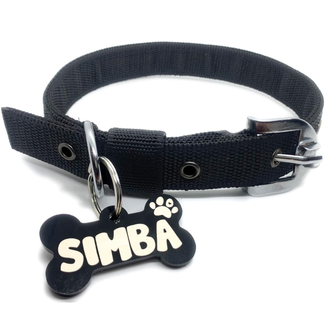 Personalized Black Nylon Dog Collar Belt With Customizable Dog Name Tag