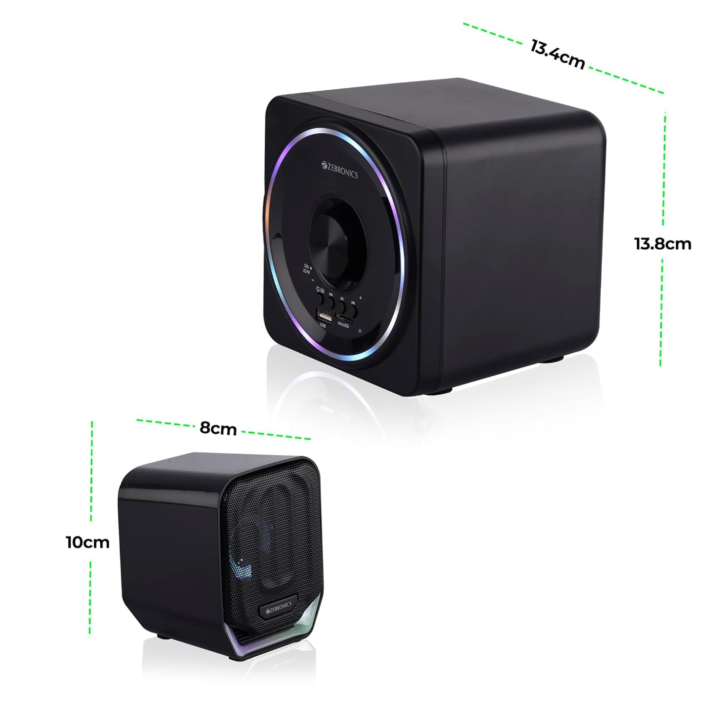 ZEBRONICS Pluto 2-2.1 Channel Desktop Speaker with 15 watts Output, Bluetooth 5.0, USB, mSD, FM, 3.5mm Jack Line Input, Inbuilt Volume Control, USB Powered, RGB Lights