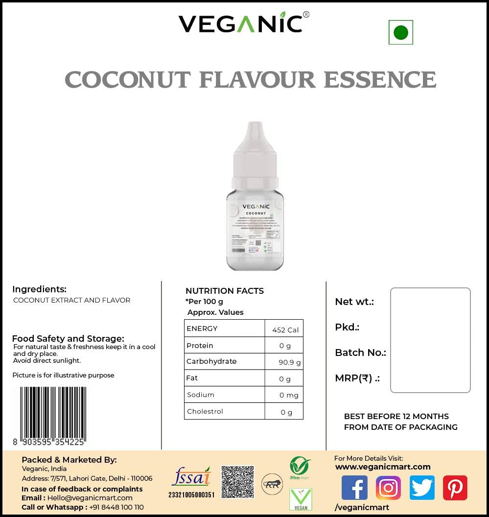 Veganic Coconut Flavour Essence For Cake Baking Extract for Baking Cakes Whipped Cream Pastries Desserts & Beverages Chocolate Oils Food Essence