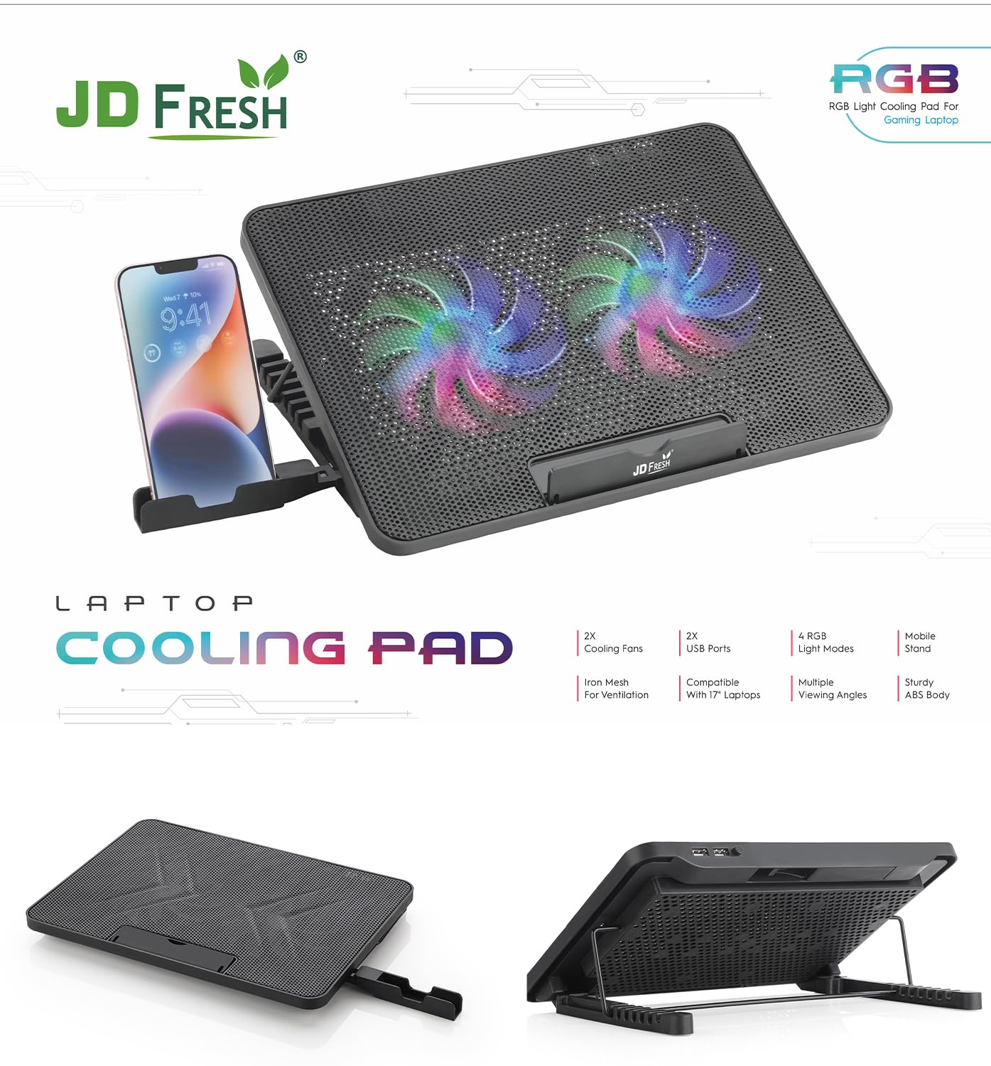 JD FRESH Laptop Cooling Pad with mobile stand and two Big Quiet Cooling Fan, Laptop Cooler Stand with 7 Height Adjustable for Laptop