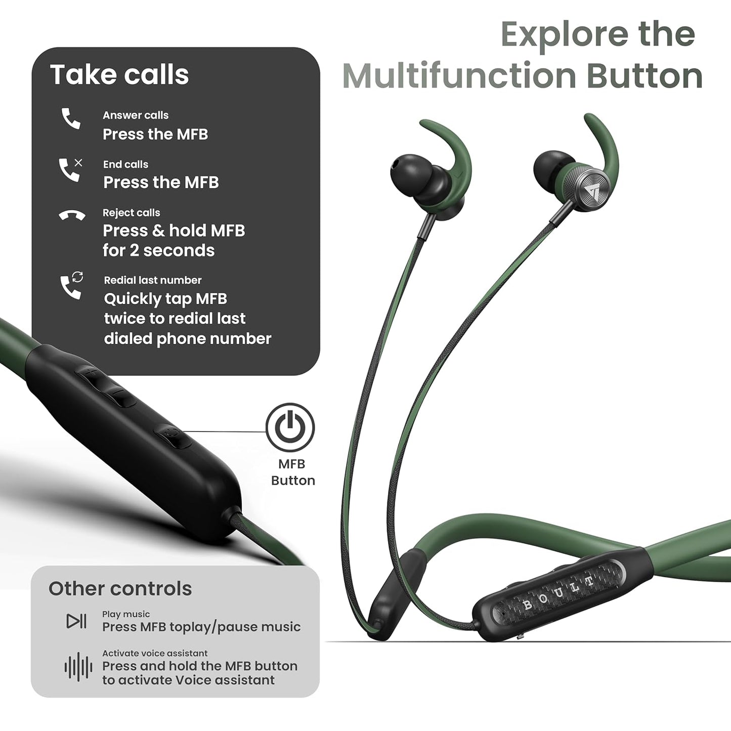 Boult Audio RCharge Wireless in Ear Bluetooth Earphones with ENC Mic, 30H Playtime, 50ms Low Latency Gaming Mode, Dual Pairing, Type-C Fast Charging (10Min=12Hrs), 10mm Bass Drivers Neckband (Green)