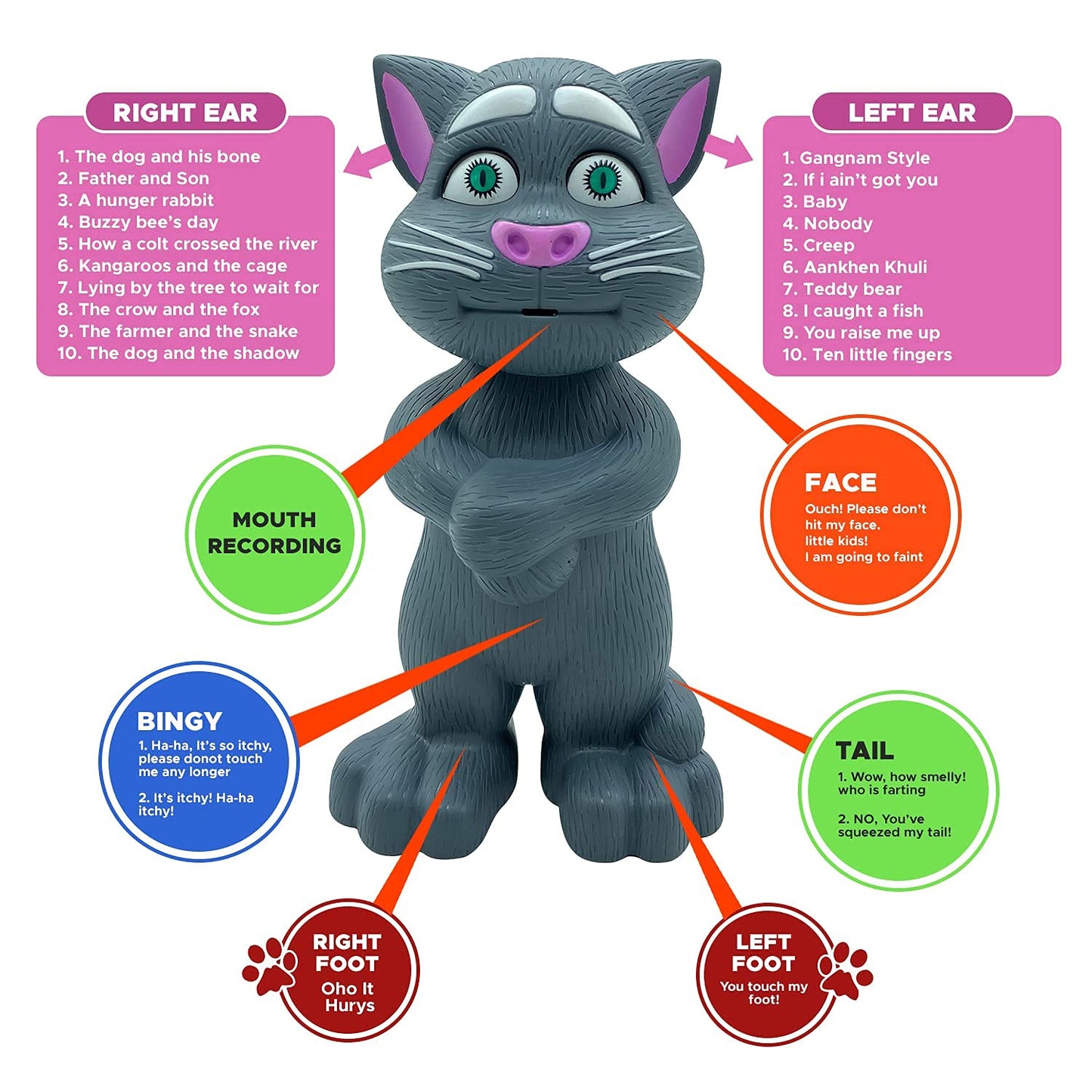 GRAPHENE Interactive Talking Tom Cat Toy for Toddlers, Repeating and Singing Functions for Endless Fun, Educational Learning Tool for Language and Social Skills, Safe and Durable