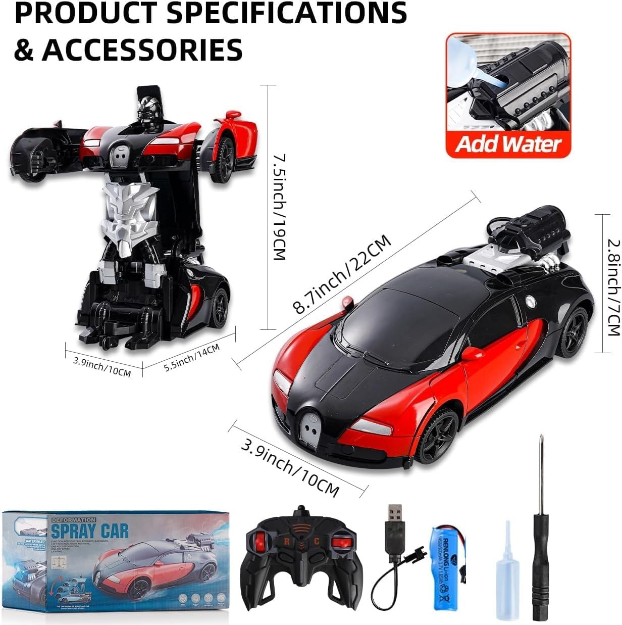 SUPER TOY Robot Remote Control Transform Car with Spray, RC Rechargeable Toy Car with LED Light, Electric Hobby Sport Racing Vehicle for Kids Boys Age 3 4 5 6 7 (Red)