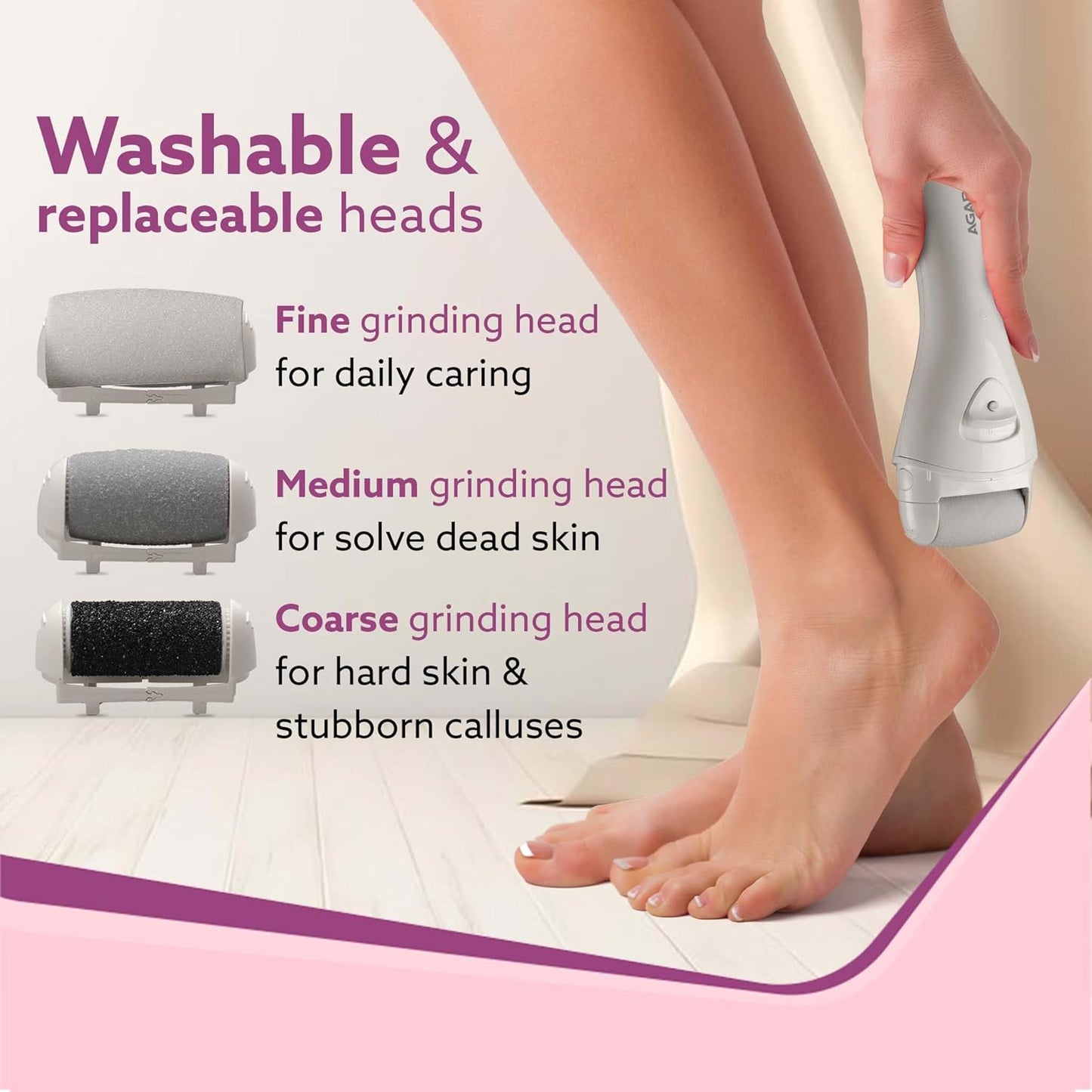 AGARO CR3001 Callus Remover with 3 Interchangeable Head Rollers, Rechargeable for Foot Care, Pedicure Device, Callus & Dead Skin Removal