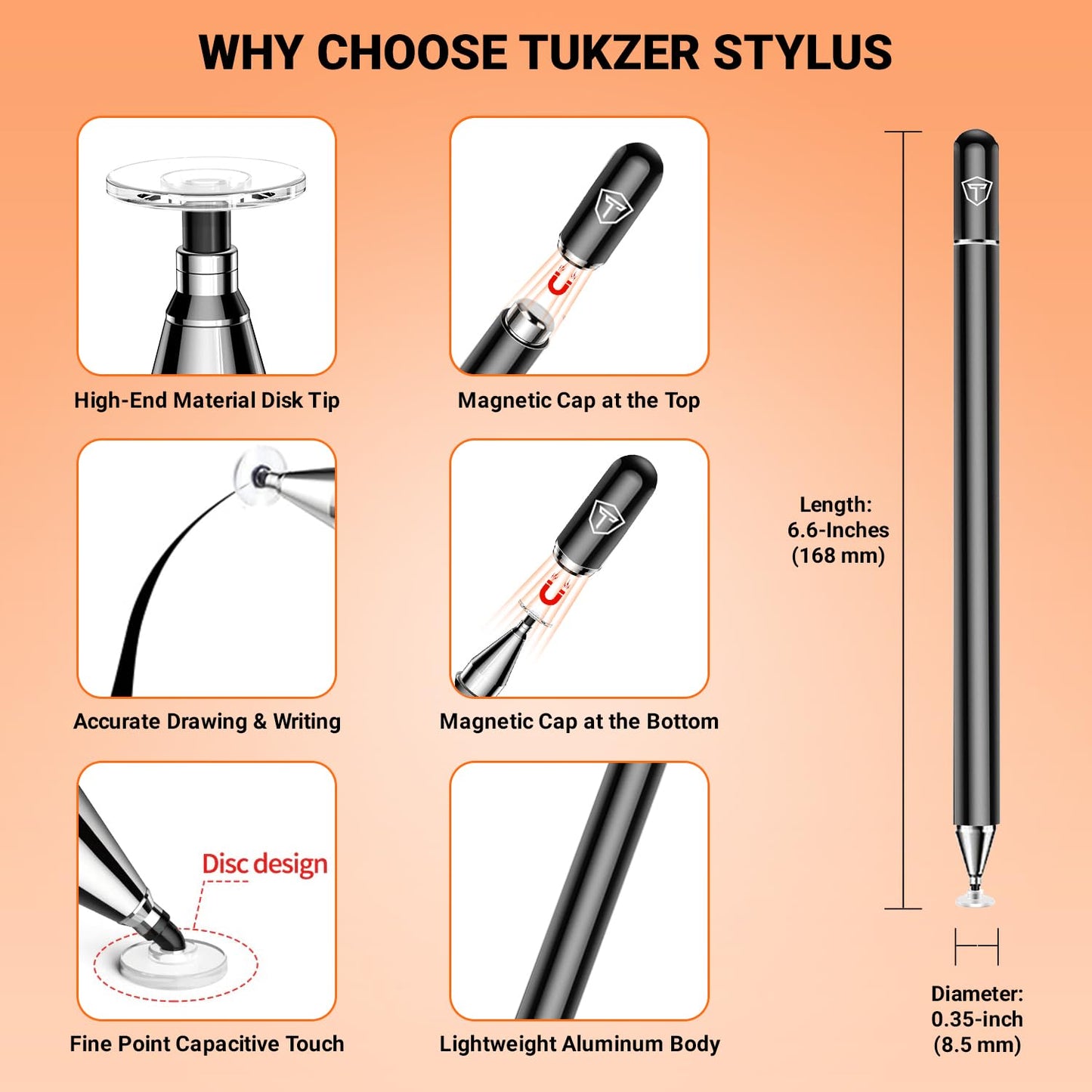 Tukzer Universal Stylus Pen for Smartphone/Tablet/iPad/Pro/Air/iPhone/iOS/Android/All Touch Screens Devices| Fine Point Disc Tip, Lightweight Aluminum Body Magnetic Cap Drawing Writing (Black)