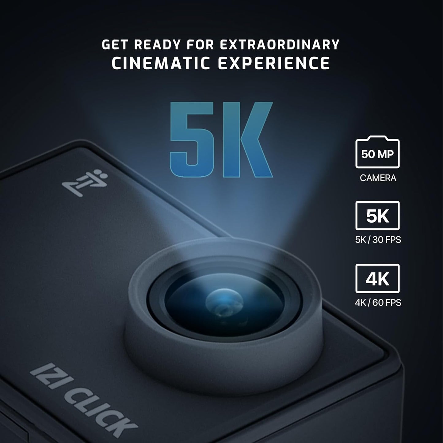 IZI Click 50MP Action Camera, 5K/30FPS, 170° HD Wide Angle, Anti-Shake EIS, Ideal for MotoVlog, YouTube, Instagram, Live Streaming. 110ft Waterproof, Type-C Mic Support, 2X 950mAh Batteries Included