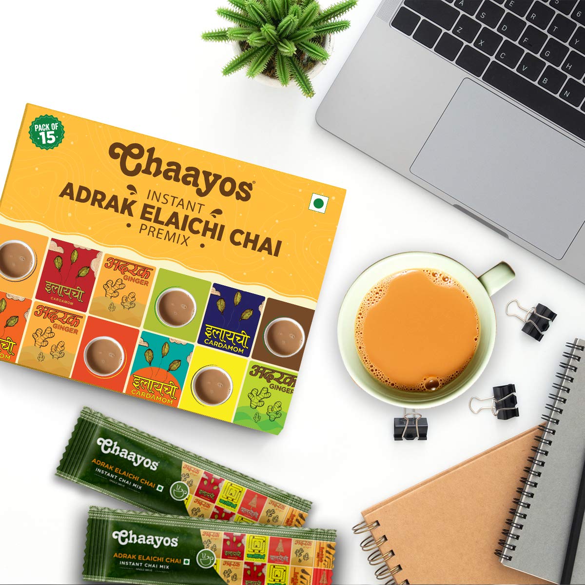 Chaayos Instant Tea Premix - Regular Sugar - Adrak Elaichi Chai (15 Sachets*22 grams =330 grams | Premix Ready Mix Tea | Assam Tea | Desi Chai | Flavoured Tea | Tea Mix