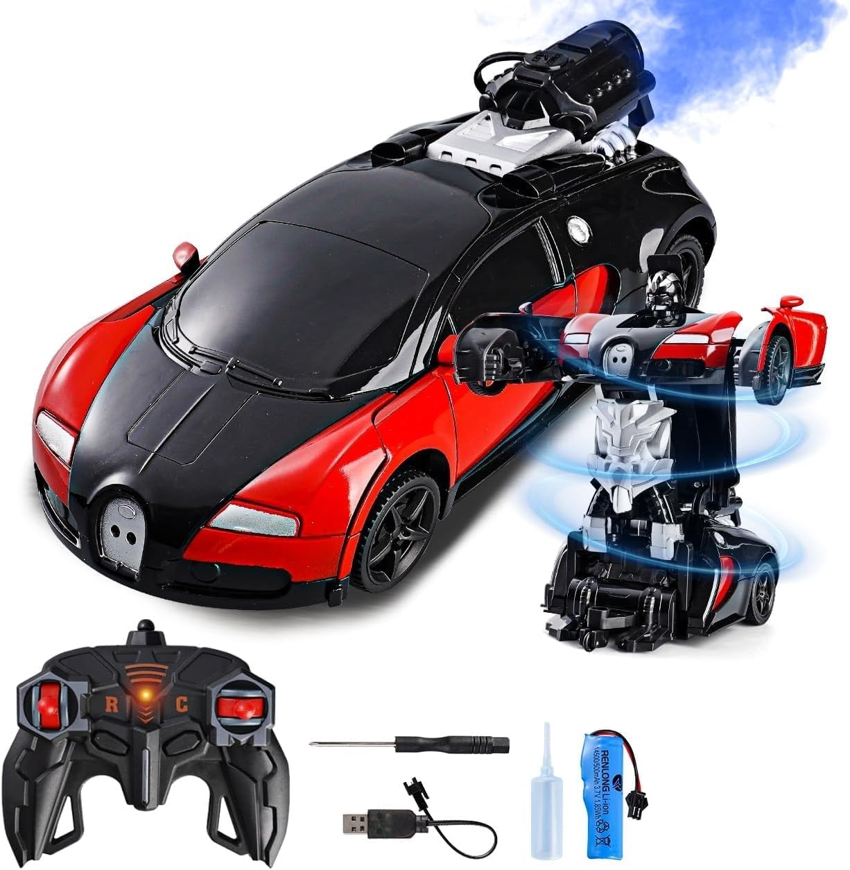 SUPER TOY Robot Remote Control Transform Car with Spray, RC Rechargeable Toy Car with LED Light, Electric Hobby Sport Racing Vehicle for Kids Boys Age 3 4 5 6 7 (Red)