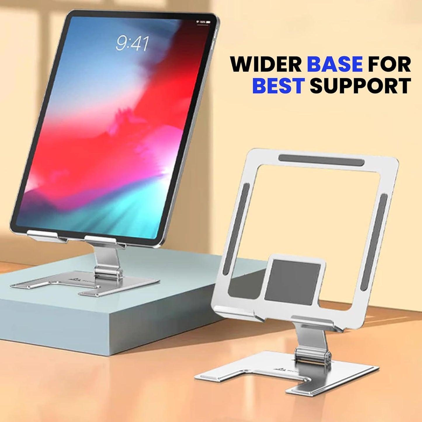 WeCool TB2 Sturdy Aluminum Metalic Table top Tablet Holder with Multi View Angle Adjustment and Stable Square Base,Fully Foldable Tablet Stand for iPad and Large Tablet Device from 7-14 Inches Tablets