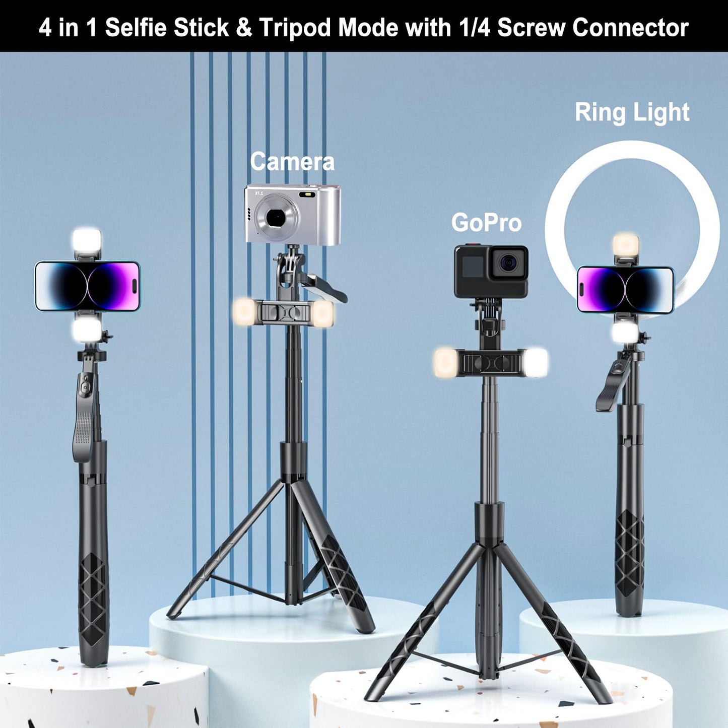 Mobilife 62" Selfie Stick with Tripod Stand 360 Degree Rotation Dual Fill Light Balance Handle Long Reinforced Tripod with Remote for iPhone Camera Vlogging Travel Live Stream, Black