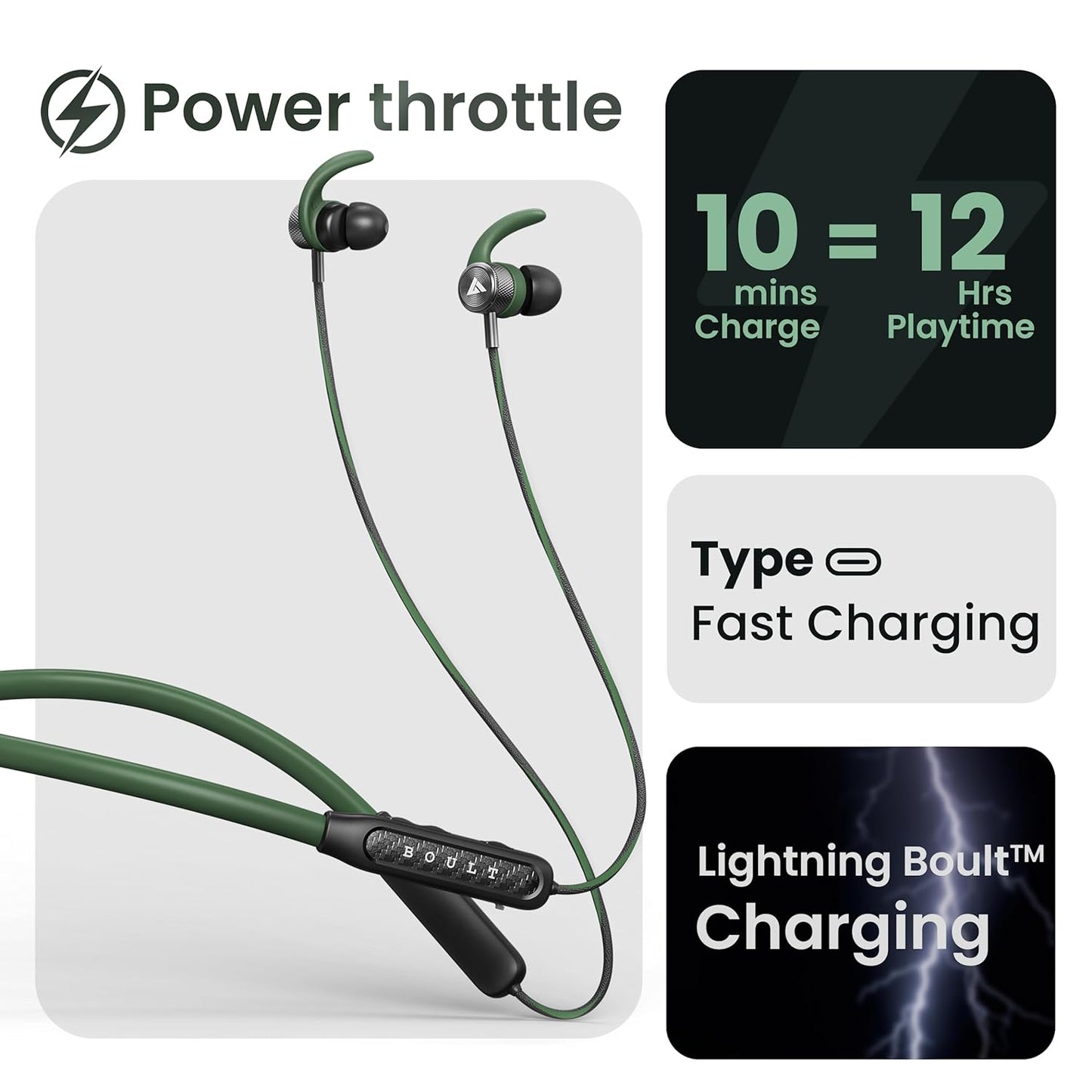 Boult Audio RCharge Wireless in Ear Bluetooth Earphones with ENC Mic, 30H Playtime, 50ms Low Latency Gaming Mode, Dual Pairing, Type-C Fast Charging (10Min=12Hrs), 10mm Bass Drivers Neckband (Green)