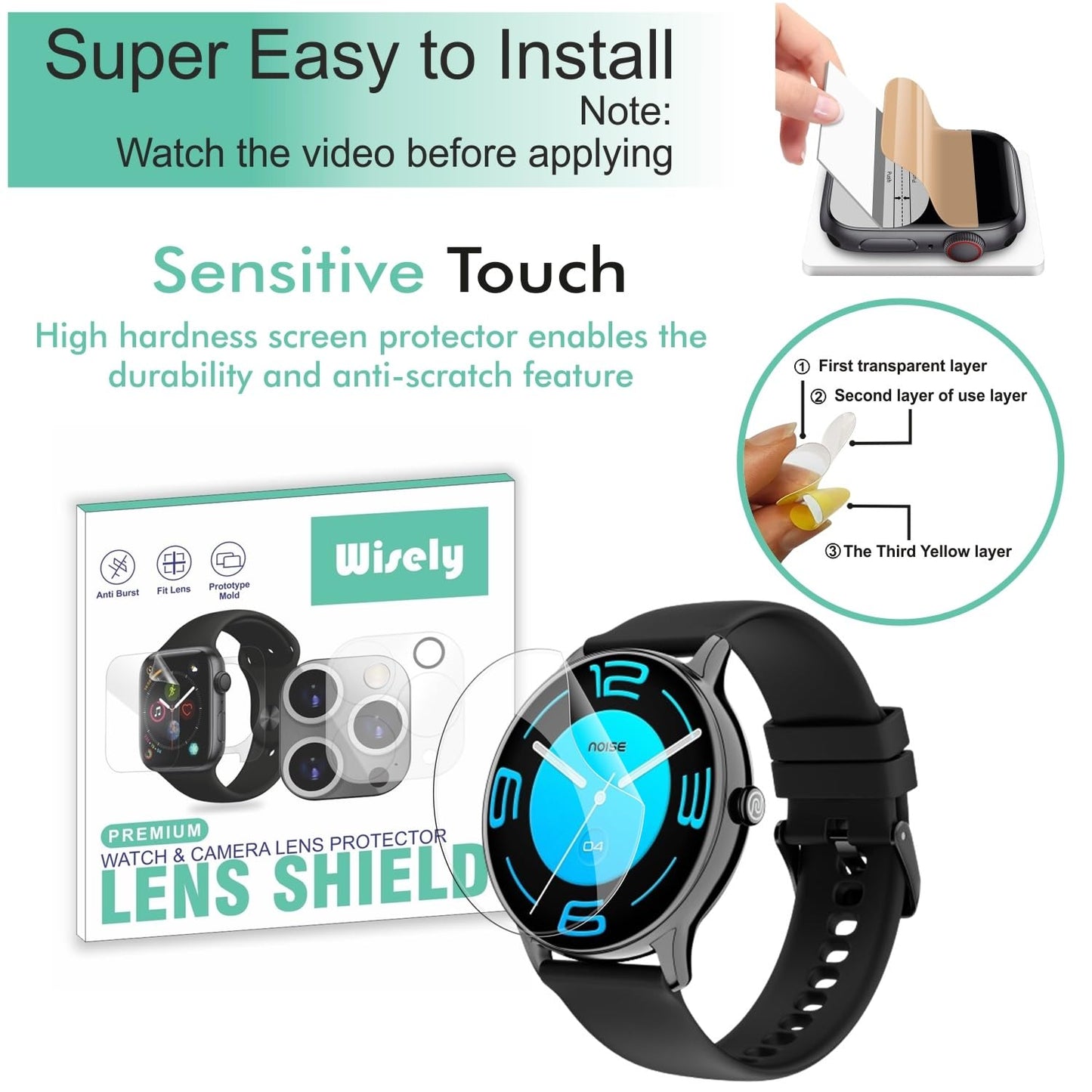 Wisely |3pcs| Screen Guard Protector For Noise Twist Go Smartwatch |1.39"| Bubble Free, Easy installation kit, Clear HD, Full Cover