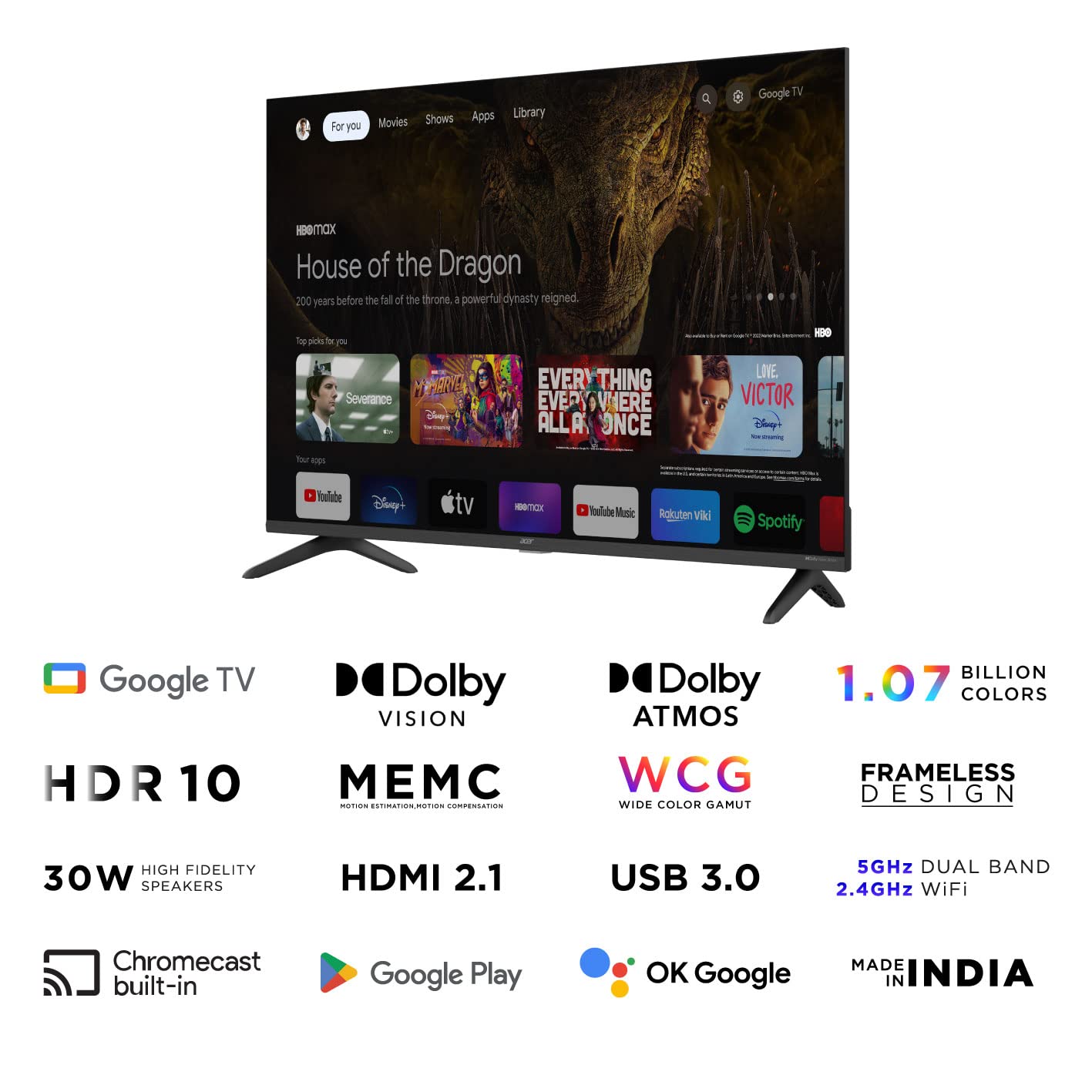 Acer 109 cm (43 inches) Advanced I Series 4K Ultra HD Smart LED Google TV AR43GR2851UDFL (Black)