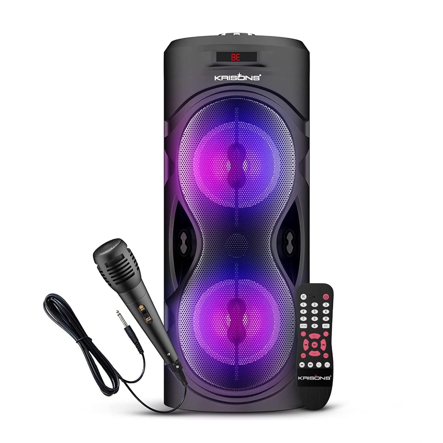 KRISONS Cylender 4" Double Woofer 40W Multi-Media Bluetooth Party Speaker with Wired Mic for Karaoke,2400 MAH Battery, Digital Display,RGB Lights, USB, SD Card, FM Radio,Auto TWS Function & Remote