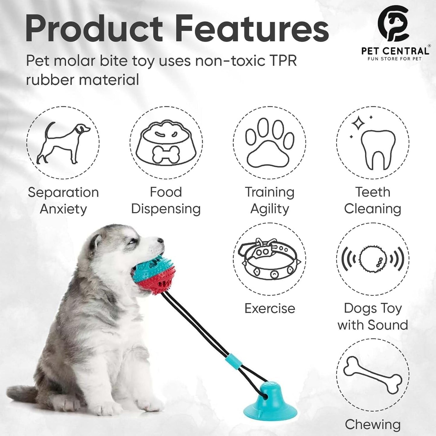 Pet Central Interactive Dog Toys – Suction Cup Dog Chew Toy for Aggressive Chewers – Treat Dispensing Squeaky Dog Toy for Stimulation and Self-Playing – Tug of War Rope with Teeth Cleaning Ball