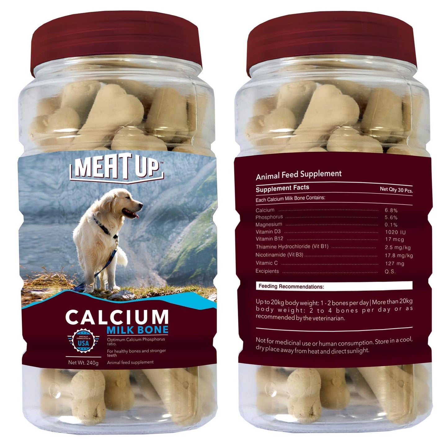 Meat Up Dog Supplement Treats Calcium Bone Jar 240 G Pack , 30 Pieces - All Life Stages, buy 1 get 1 free