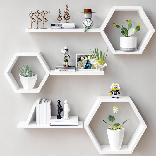 The Menifest | Wooden Hexagonal Shape Wall Hanging Rack Shelf Wall Shelf for Living Room Bedroom and Office Decoration