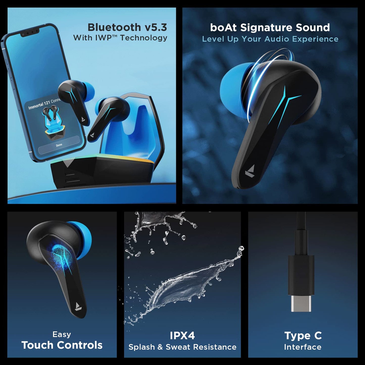 boAt Immortal 121 in Ear TWS Earbuds with Beast Mode(40ms Low Latency) for Gaming, 40H Playtime, Blazing LEDs, Quad Mics ENx Signature Sound, ASAP Charge(10 Mins= 180 Mins)(Black Sabre)